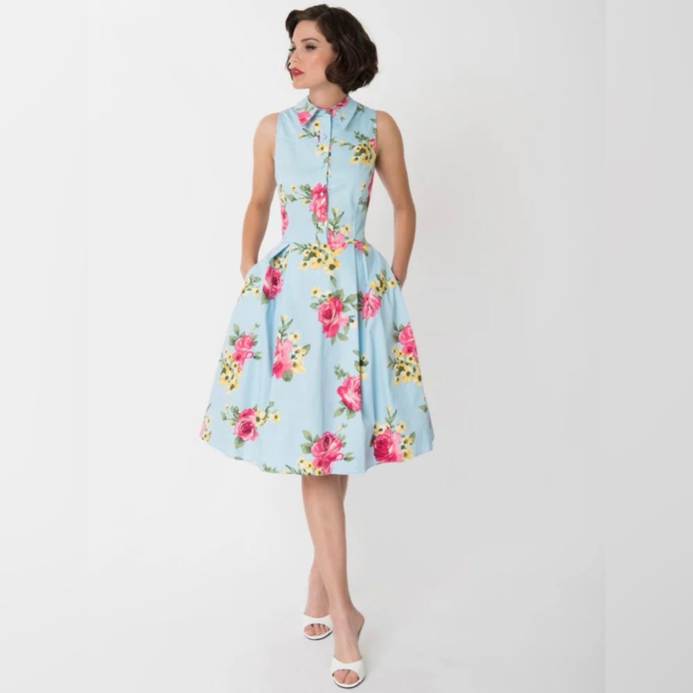 Unique Vintage Light Blue & Blooming Floral Print Button Up Swing Dress NWT L